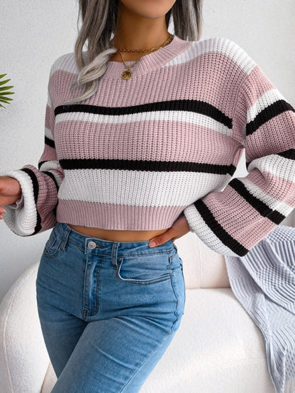 Lässiger gestreifter langärmliger Crop-Strickpullover für Damen 