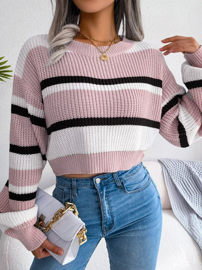 Lässiger gestreifter langärmliger Crop-Strickpullover für Damen 