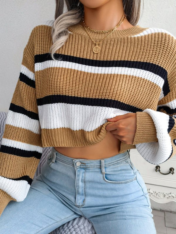 Lässiger gestreifter langärmliger Crop-Strickpullover für Damen 