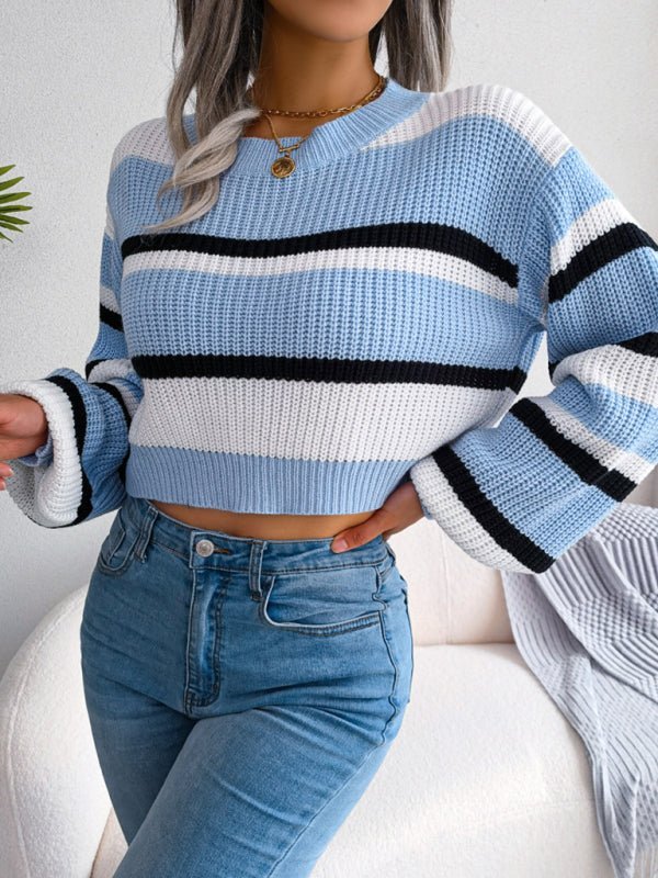 Lässiger gestreifter langärmliger Crop-Strickpullover für Damen 