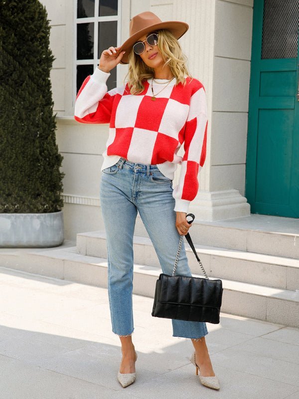 Pull à manches longues et col rond à carreaux damier pour femmes 