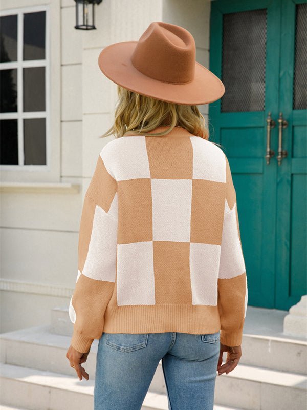 Pull à manches longues et col rond à carreaux damier pour femmes 