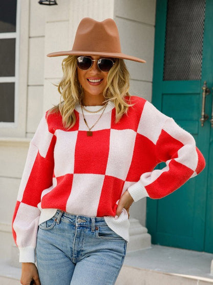 Pull à manches longues et col rond à carreaux damier pour femmes 