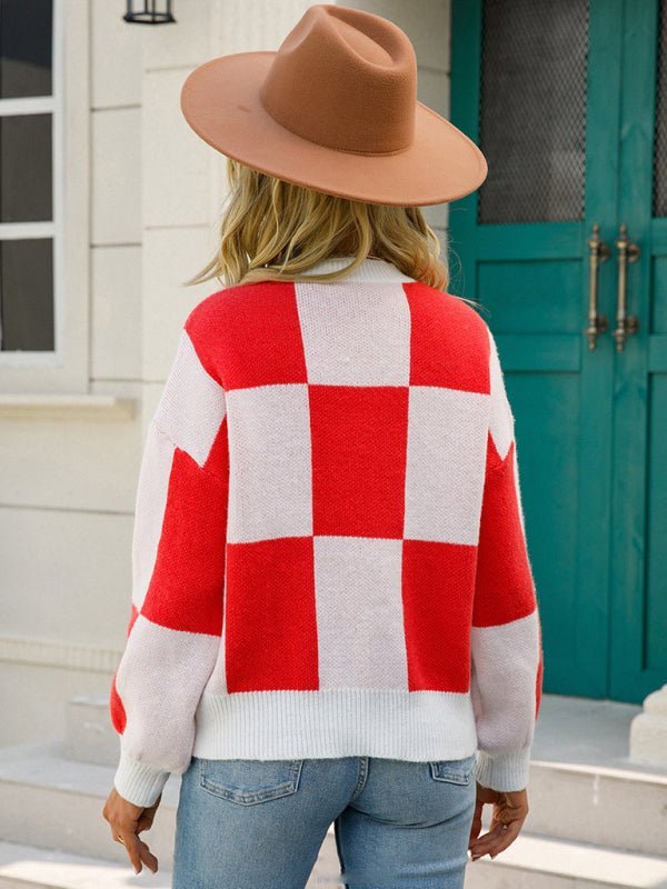 Pull à manches longues et col rond à carreaux damier pour femmes 