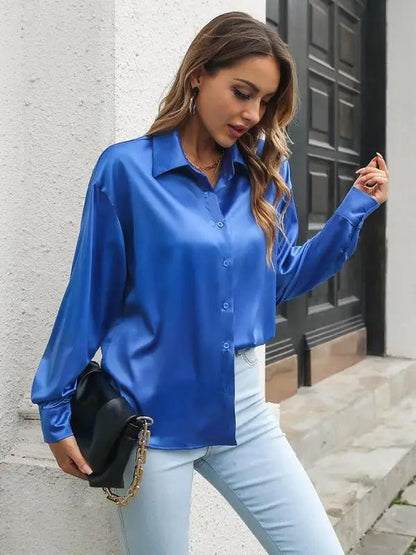 Women’s Chic Satin Button Down Collared Blouse