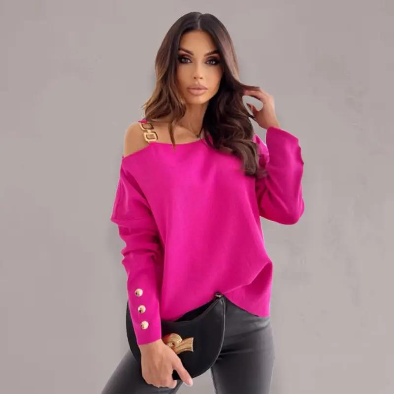 Women’s Chic Solid Color Asymmetric Neckline Embellished Long Sleeves Knit Top