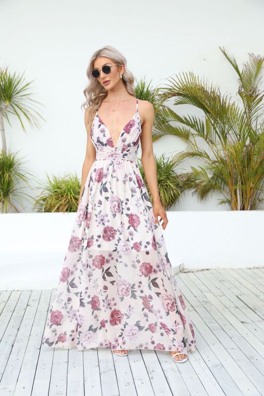 Robe longue sexy à bretelles imprimée en mousseline de soie pour femme 