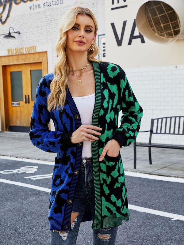 Cardigan à motif imprimé léopard color block pour femme 