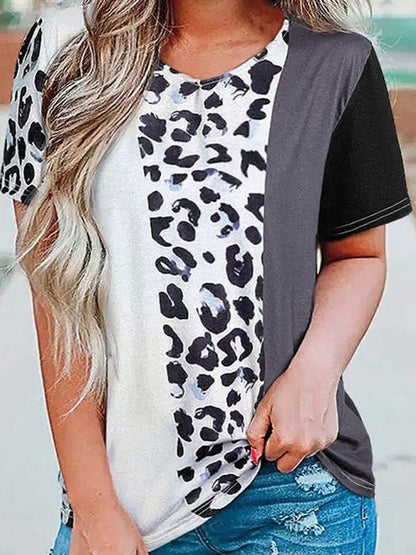 Damen-T-Shirt mit Farbblock-Leopardenmuster 