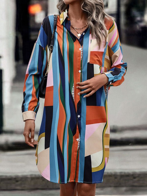 Mittellanges Hemdblusenkleid für Damen mit Colour-Blocking-Revers (ohne Gürtel)