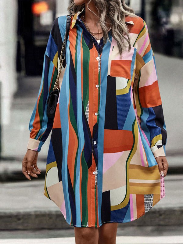 Mittellanges Hemdblusenkleid für Damen mit Colour-Blocking-Revers (ohne Gürtel)