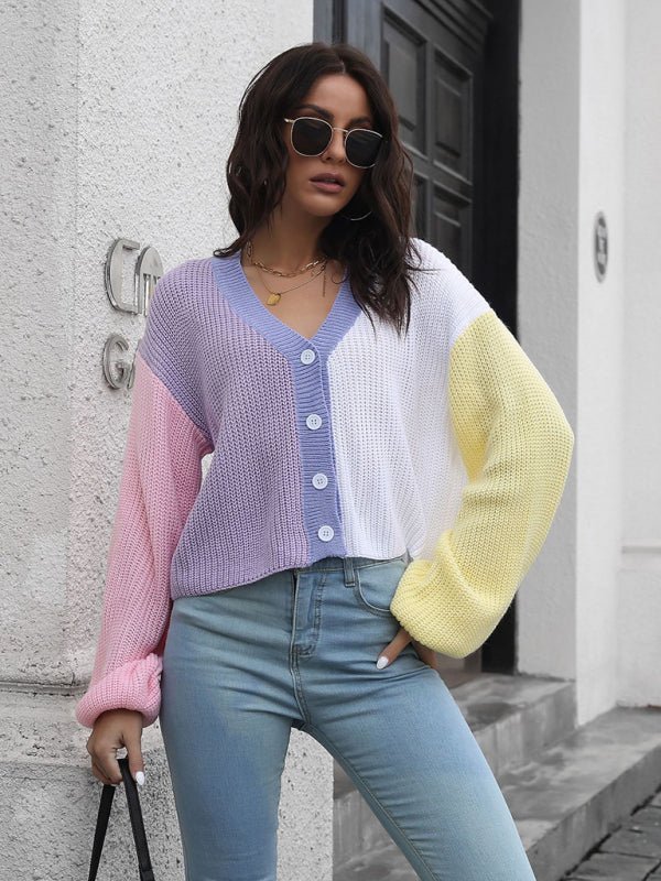 Cardigan en tricot color block pour femme, pull contrasté 