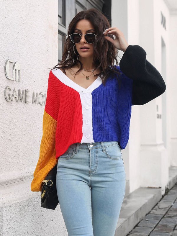 Cardigan en tricot color block pour femme, pull contrasté 