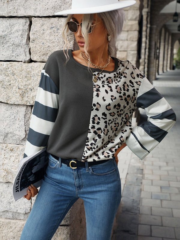Haut à manches longues à rayures et imprimé léopard color block pour femmes 