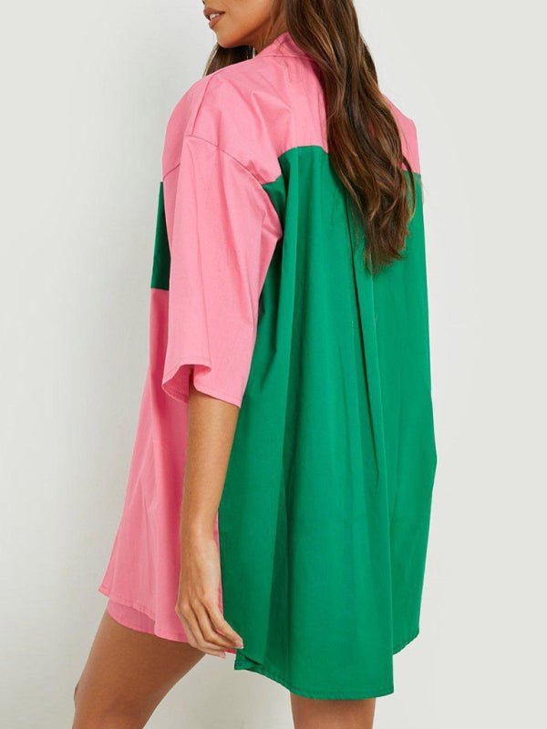 Zweiteiliges Set aus Colorblock-Hemdoberteil + Shorts mit elastischer Taille für Damen 
