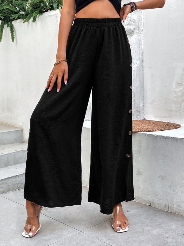 Pantalon à jambes larges taille haute avec boutons fendus pour femmes 