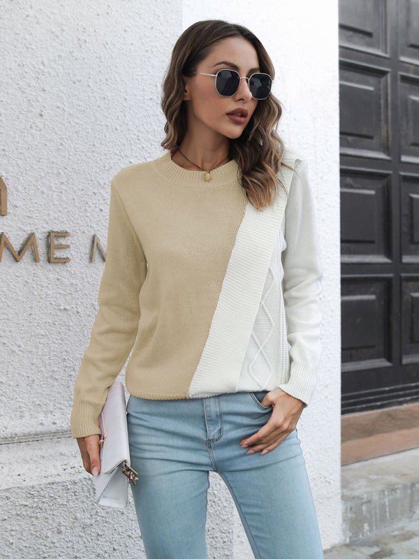 Damen-Pullover mit langen Ärmeln und kontrastierendem Rundhalsausschnitt 
