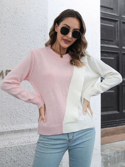 Damen-Pullover mit langen Ärmeln und kontrastierendem Rundhalsausschnitt 