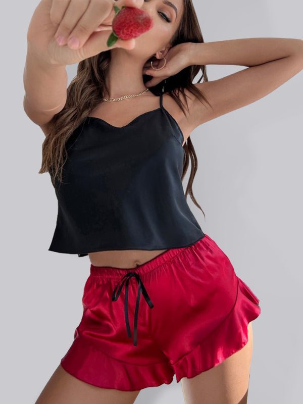 Ensemble deux pièces pyjama caraco + short de couleur contrastée pour femme 