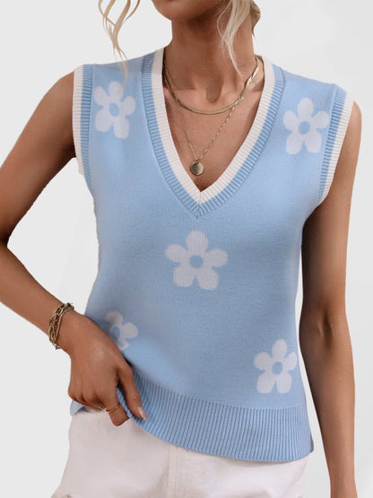 Ärmelloses Strick-Tanktop aus Jacquard mit V-Ausschnitt in Kontrastfarbe für Damen 