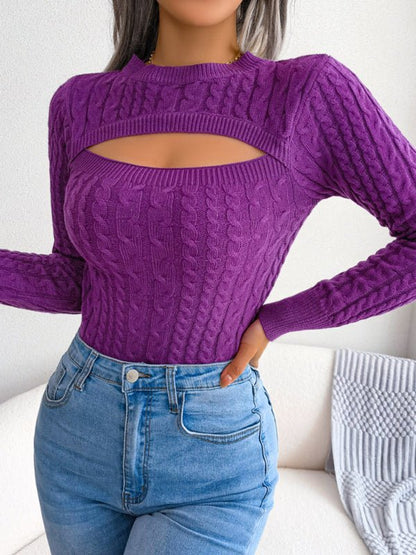 Pull torsadé à manches longues et col rond pour femme 