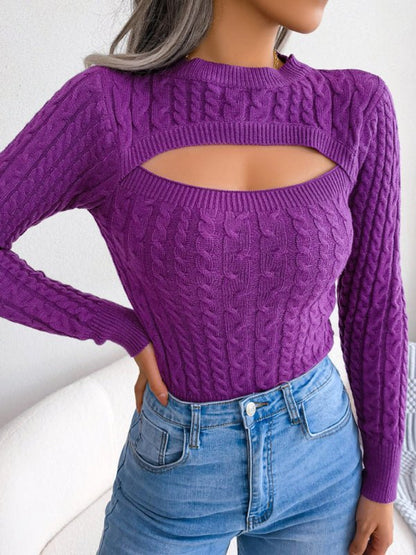 Pull torsadé à manches longues et col rond pour femme 