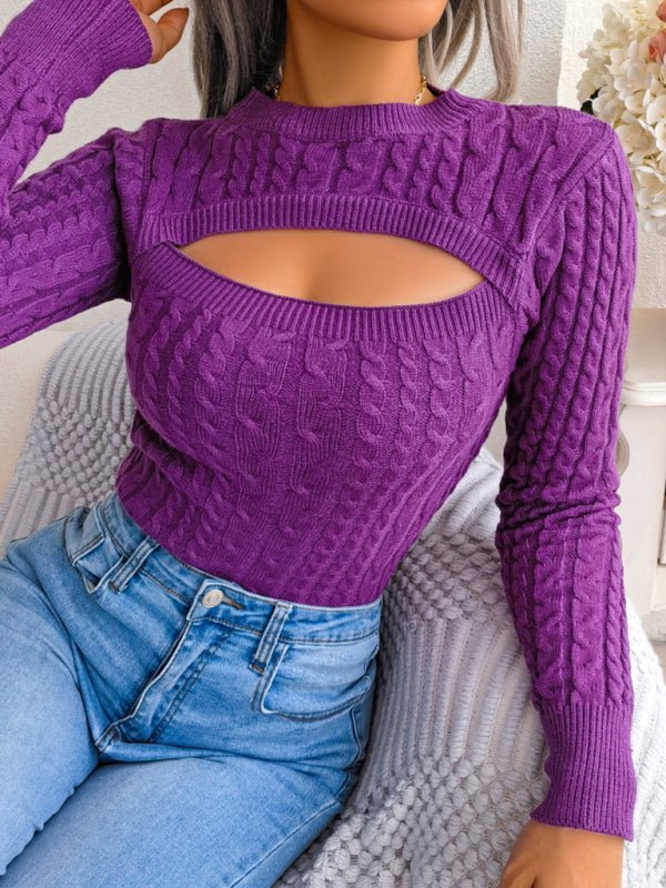 Pull torsadé à manches longues et col rond pour femme 