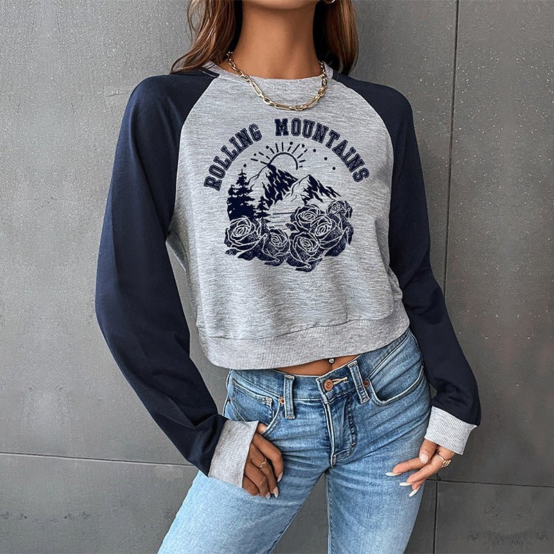 Sweat-shirt graphique court raglan à manches longues pour femmes 