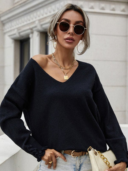 Damen-Pullover mit Manschettenknöpfen, locker, einfarbig 