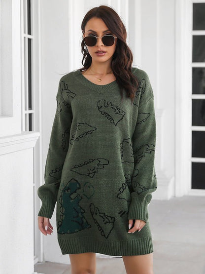 Robe en laine à manches longues et col en v pour femmes, dessin animé de dinosaure, jacquard, épaules tombantes 