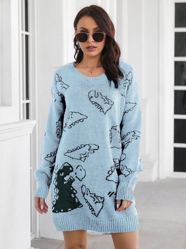 Robe en laine à manches longues et col en v pour femmes, dessin animé de dinosaure, jacquard, épaules tombantes 