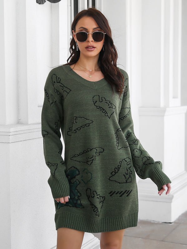 Robe en laine à manches longues et col en v pour femmes, dessin animé de dinosaure, jacquard, épaules tombantes 