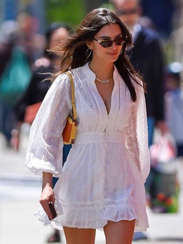 Robe pour femmes, col en V, manches longues, couleur unie, jupe à volants en dentelle douce 