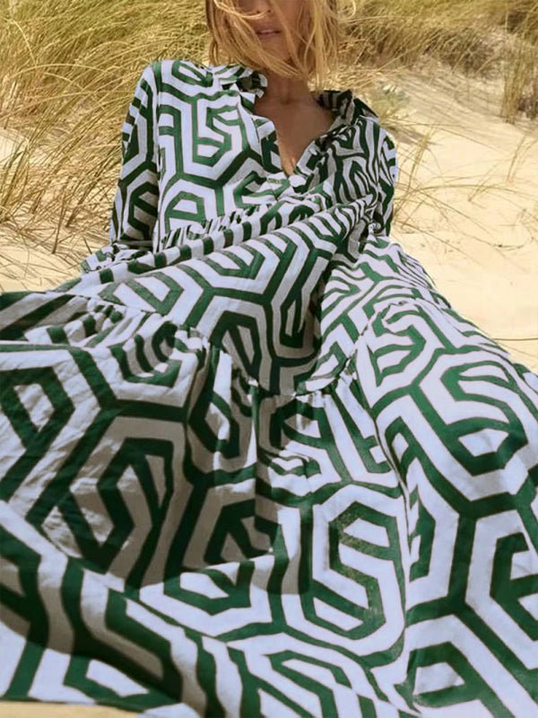 Damenmode dreidimensionales Musterdruck-Langarm-Hemdkleid mit mittlerer Taille und Reverskragen