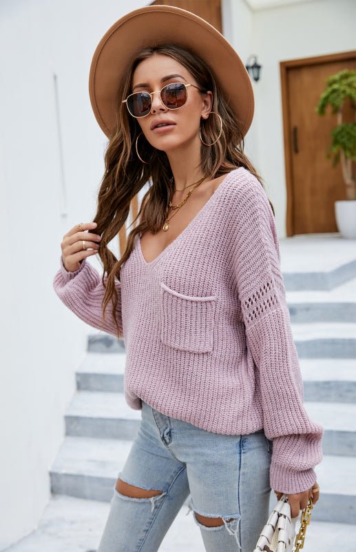 Pull tendance avec poche et col en V pour femme 