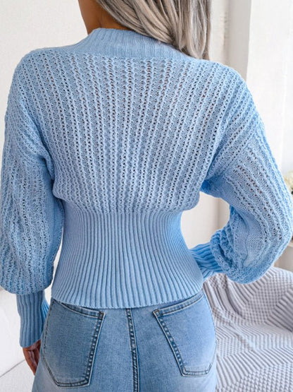 Women’s Faux Wrap Deep V Neckline Dropped Shoulders High Waist Cable Knit Cropped Long Sleeve Sweater