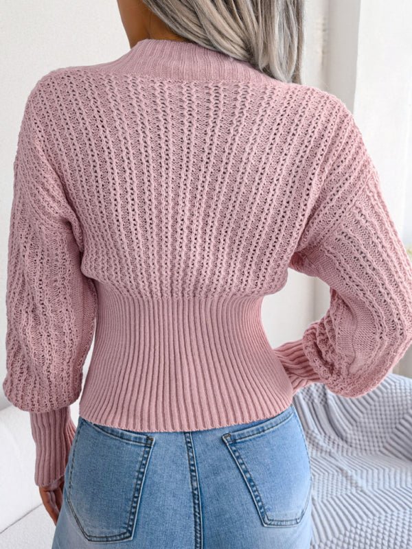 Pull court à manches longues en tricot torsadé pour femme, faux portefeuille, décolleté en V profond, épaules tombantes, taille haute 