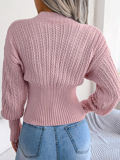 Pull court à manches longues en tricot torsadé pour femme, faux portefeuille, décolleté en V profond, épaules tombantes, taille haute 