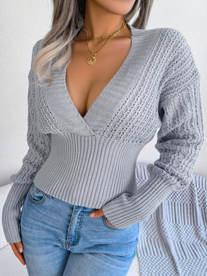 Women’s Faux Wrap Deep V Neckline Dropped Shoulders High Waist Cable Knit Cropped Long Sleeve Sweater