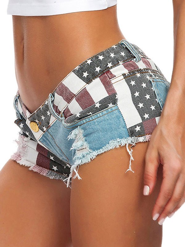 Short en jean sexy taille basse imprimé drapeau pour femme 