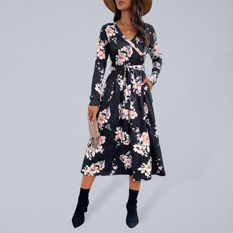 Damen-Midikleid mit Blumendruck, Faux-Wickel-Taille und Bindeband