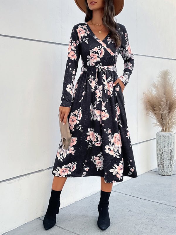 Damen-Midikleid mit Blumendruck, Faux-Wickel-Taille und Bindeband