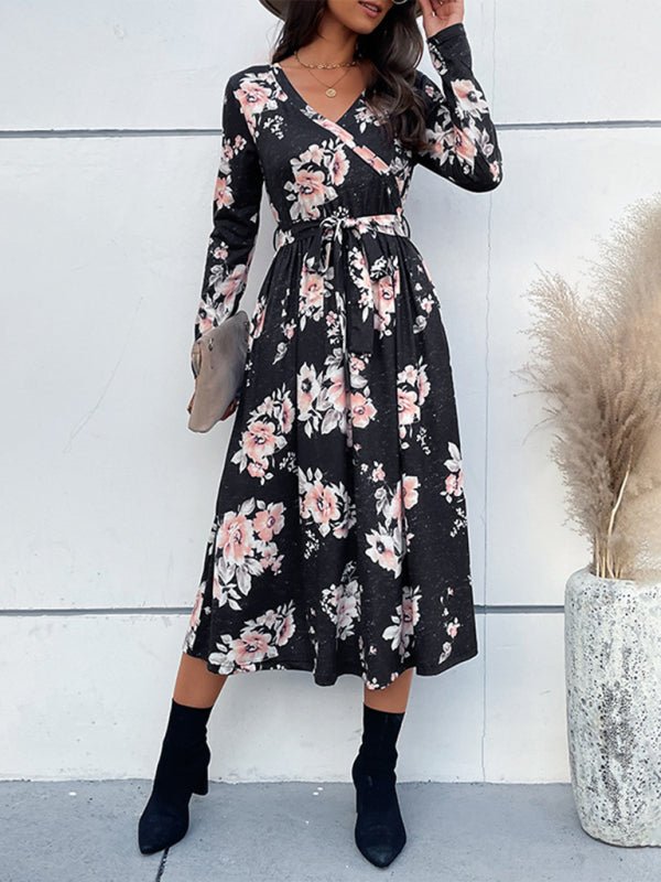 Robe mi-longue à imprimé floral et nouée à la taille pour femme 