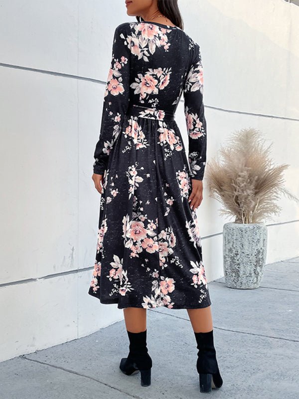 Robe mi-longue à imprimé floral et nouée à la taille pour femme 