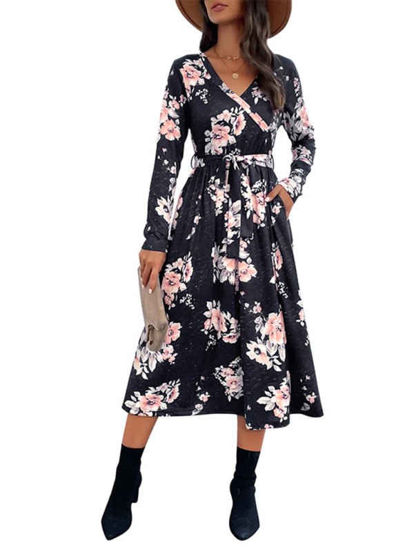 Robe mi-longue à imprimé floral et nouée à la taille pour femme 