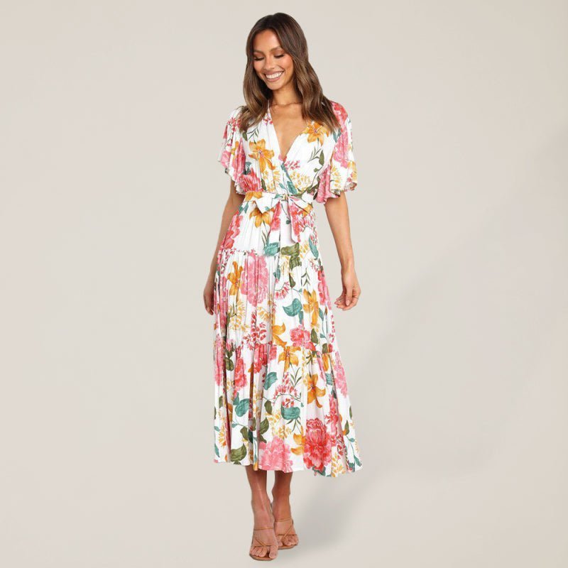 Robe mi-longue effet portefeuille à manches flottantes et imprimé floral pour femmes 