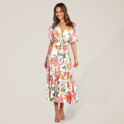 Robe mi-longue effet portefeuille à manches flottantes et imprimé floral pour femmes 