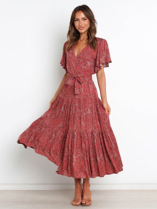 Robe mi-longue effet portefeuille à manches flottantes et imprimé floral pour femmes 