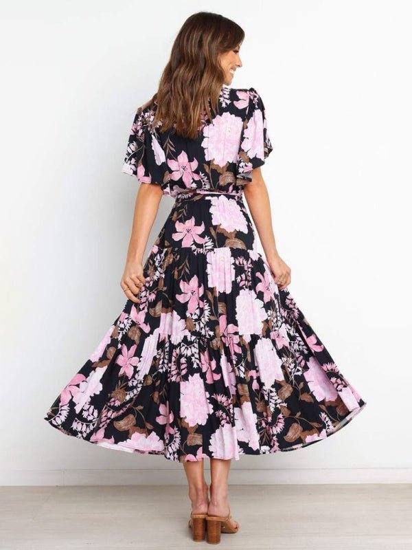 Robe mi-longue effet portefeuille à manches flottantes et imprimé floral pour femmes 