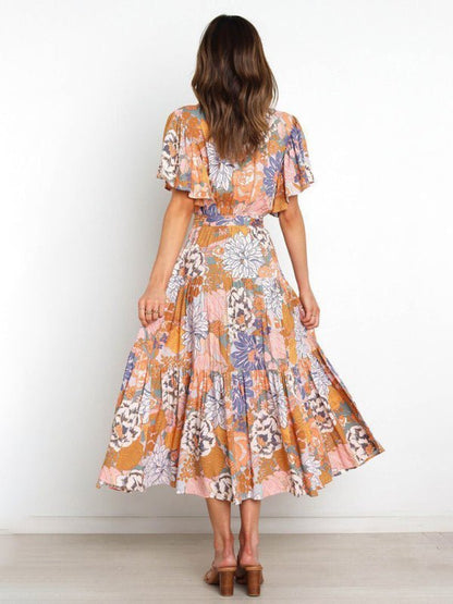 Robe mi-longue effet portefeuille à manches flottantes et imprimé floral pour femmes 